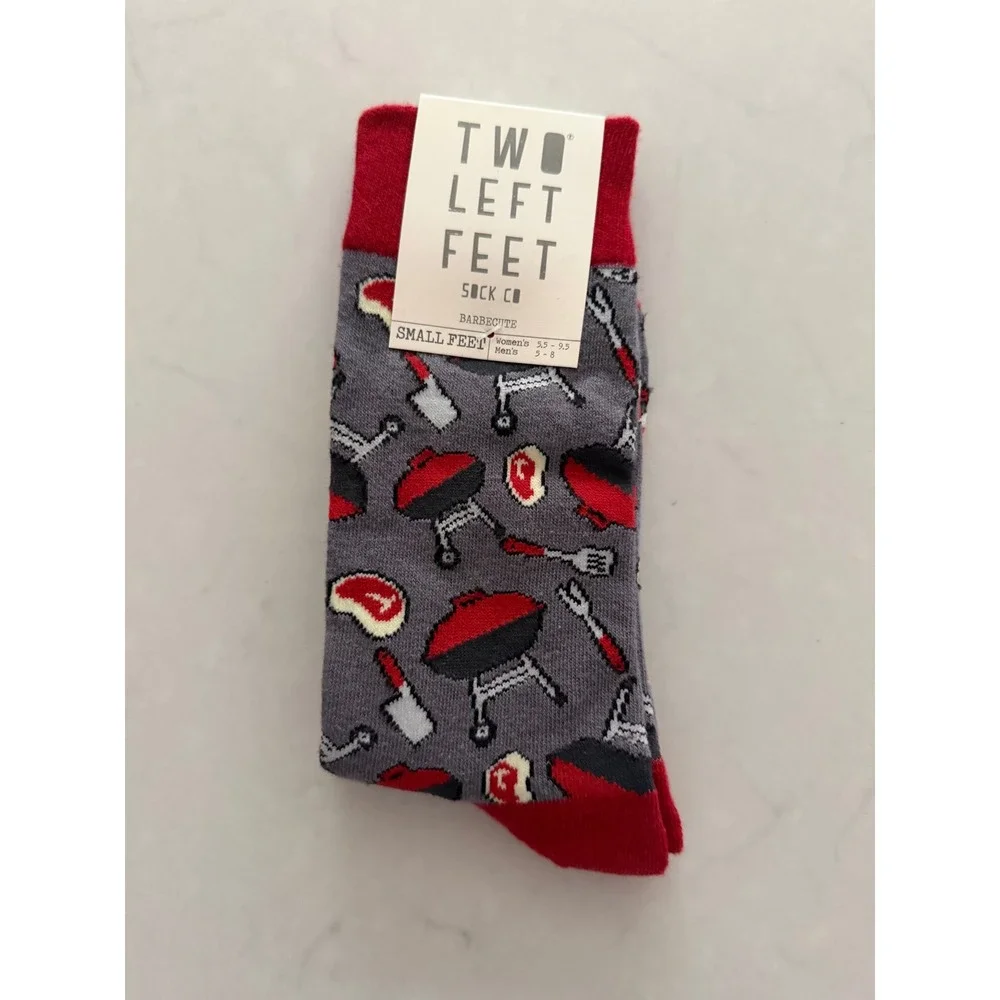 Two Left Feet Sock Co Barbecue BBQ Novelty‎ Crew Socks Gray Red Small Feet NWT